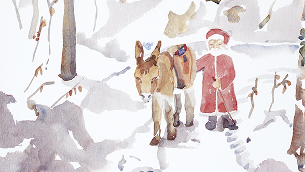 Illustrazione tratta dal libro «Jack sur le chemin de Noël» raffigurante Babbo Natale mentre cammina con il suo asinello in una foresta innevata.