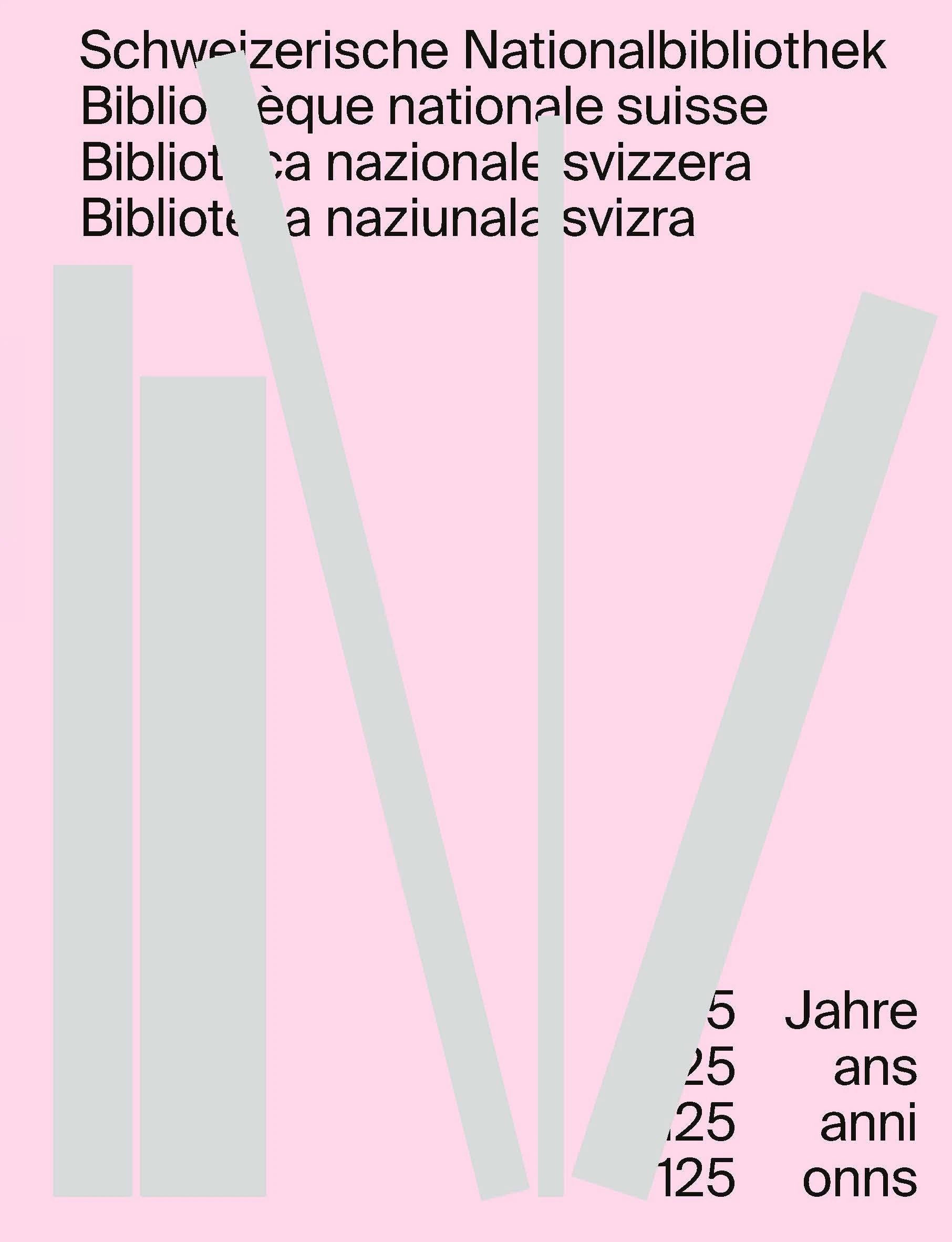 Der Buchumschlag der Jubiläumspublikation wird angezeigt mit silbernen Büchern vor rosa Hintergrund und schwarzem Text. 