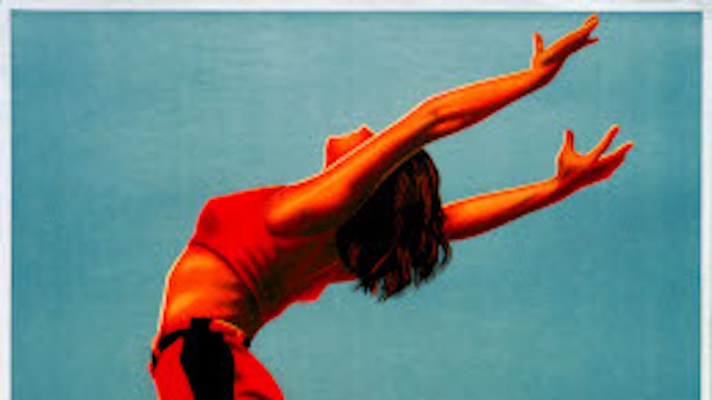 his tourism poster shows a white woman with brown hair in a red swimsuit jumping into a lake. There are forests and mountains in the background. In the bottom left corner is the place name "Flims".