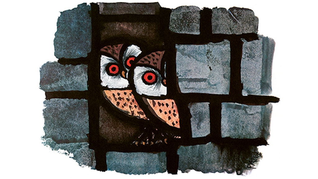 A pair of owls with big red eyes looking through a narrow opening in a grey stone wall.