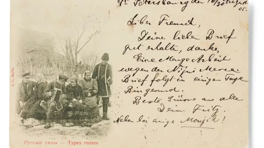 Carte autographe signée de Cendrars à Paul Haberbosch, avec une illustration de « Types russes »