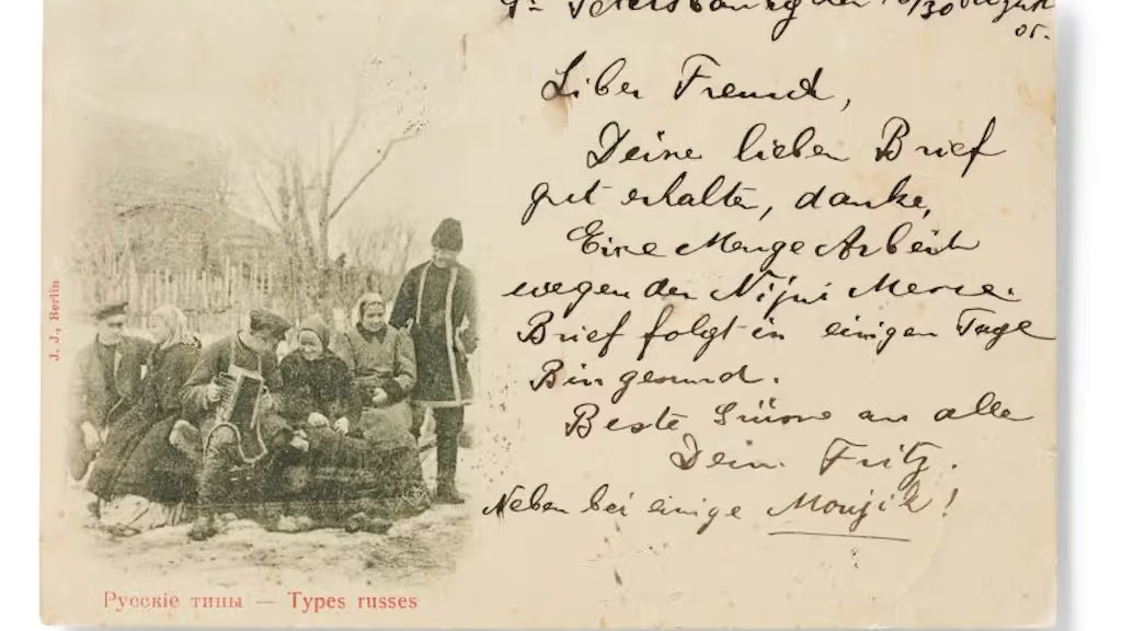 Carte autographe signée de Cendrars à Paul Haberbosch, avec une illustration de « Types russes »