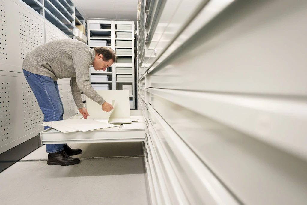 Ein NB-Mitarbeiter arbeitet im Tiefmagazin an einer Schublade.