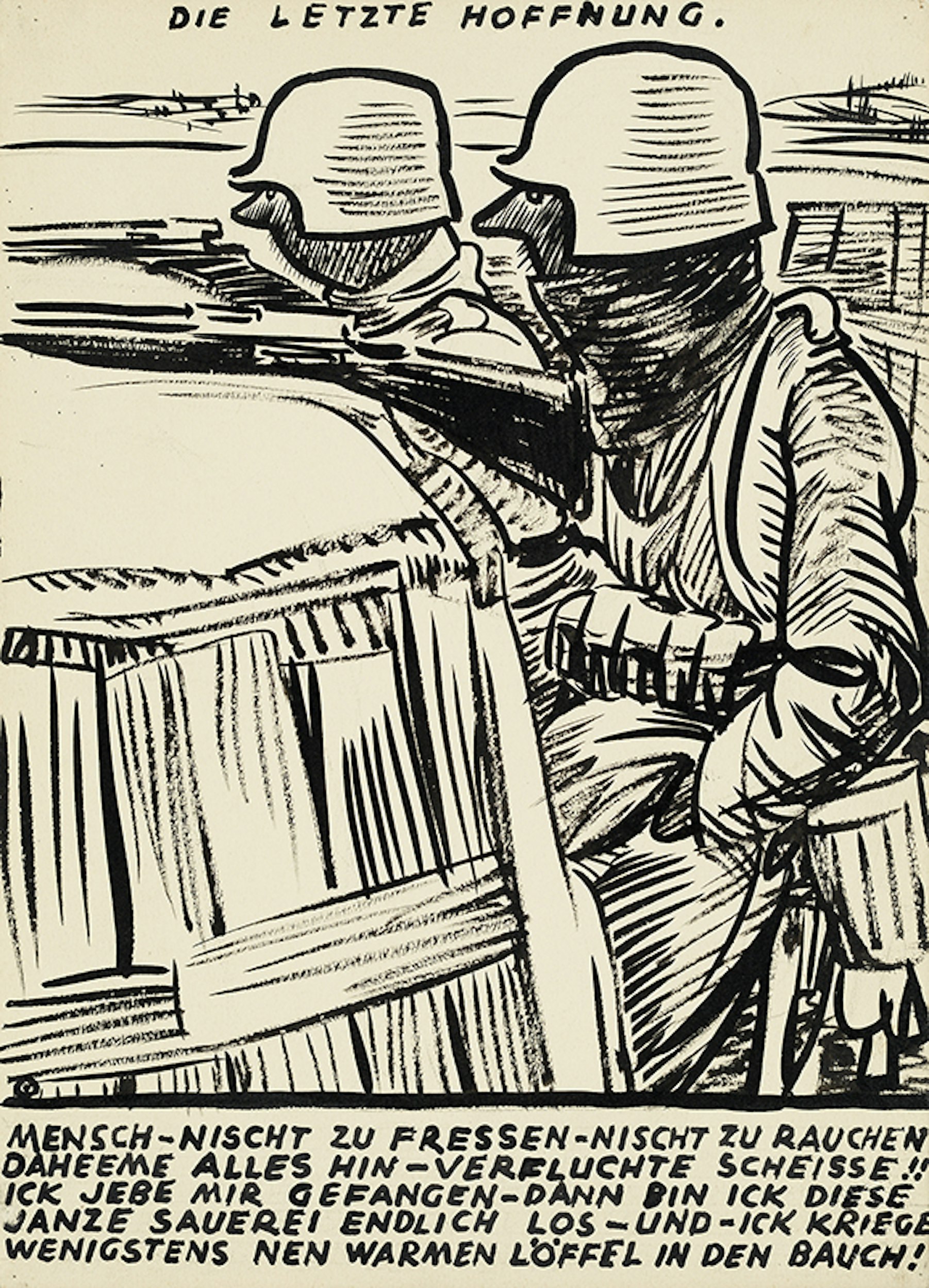 Eine Tuschzeichnung von zwei Soldaten auf dem Kriegsfeld.