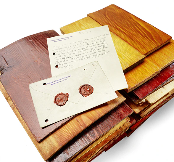 Arnold Schönbergs Brief an Hans Kayser vom 5. März 1913 und Kaysers Lackproben.