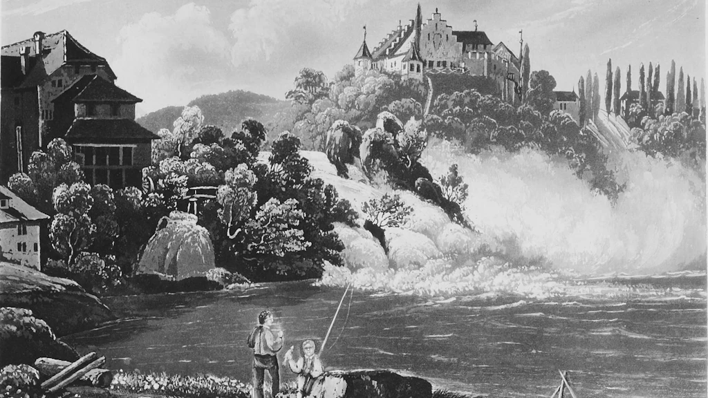Auf dieser Aquatinta-Druckgrafik sind die stiebenden Wassermassen des Rheinfalls und der markante Fels in dessen Mitte mit Blick flussaufwärts dargestellt. Links sind die Schmieden am nördlichen Ufer zu sehen. Die rechte Bildhälfte wird dominiert vom Schloss Laufen, das über dem rechten Ufer thront. Im Vordergrund stehen ein Mann sowie ein Junge mit einer Fischerrute in der einen und einem Fisch in der anderen Hand.