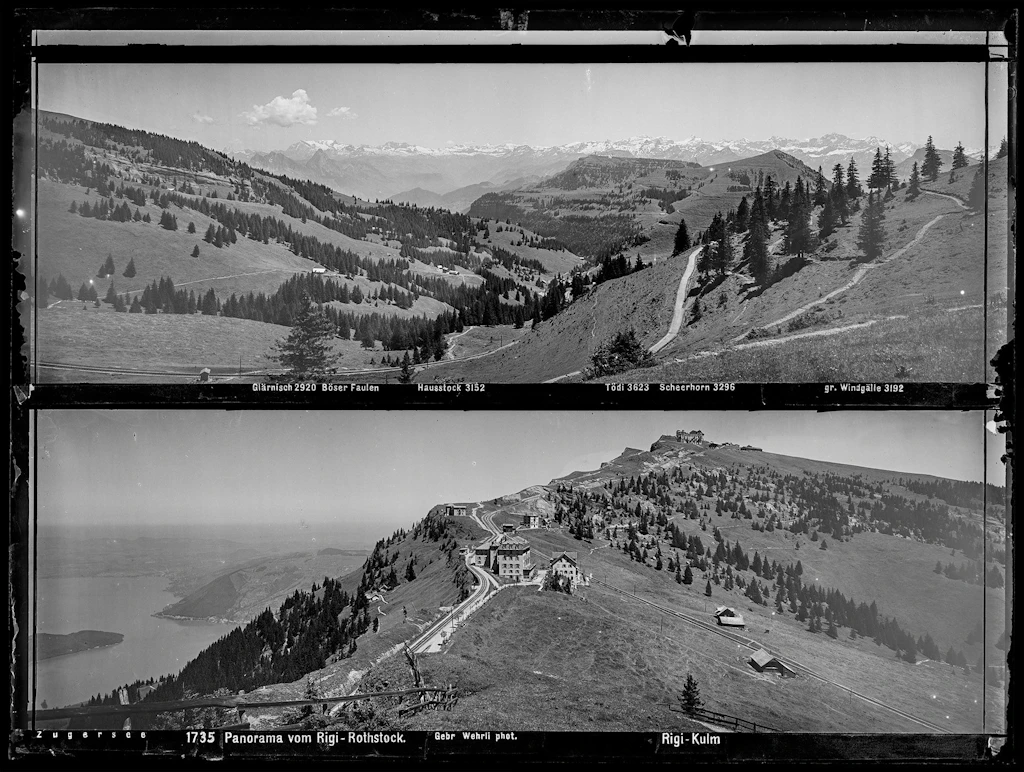 Panoramaaufnahme der Gebrüder Wehrli von 1905. Blick von Rigi Rotstock auf Rigi Staffel und Kulm und auf die Glarner und Urner Alpen.