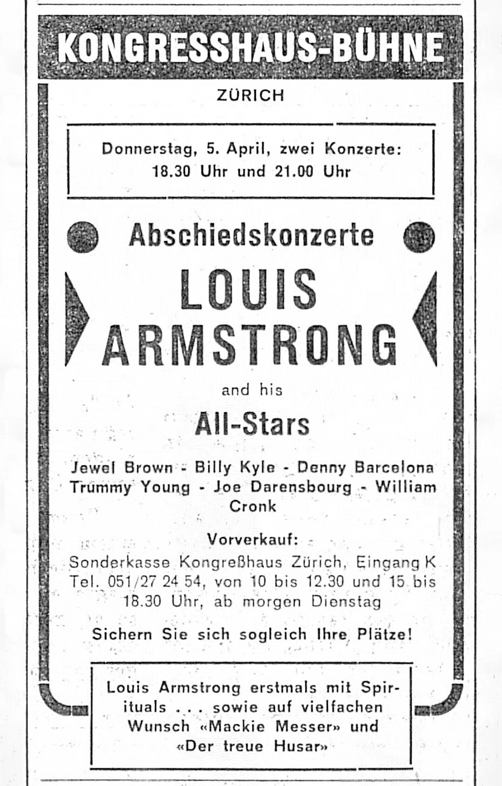 Anzeige für das Konzert von Louis Armstrong im Kongresshaus, erschienen in der «Neuen Zürcher Zeitung» vom 19. März 1962