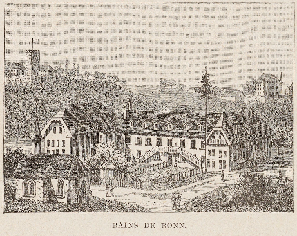 Vignette zur Ankündigung der Wiedereröffnung des Kurortes Bad Bonn. Stich der Gesamtanlage mit Kapelle und Burg Vivi-le-Chateau hoch über dem Felsenhintergrund des Flusstales.