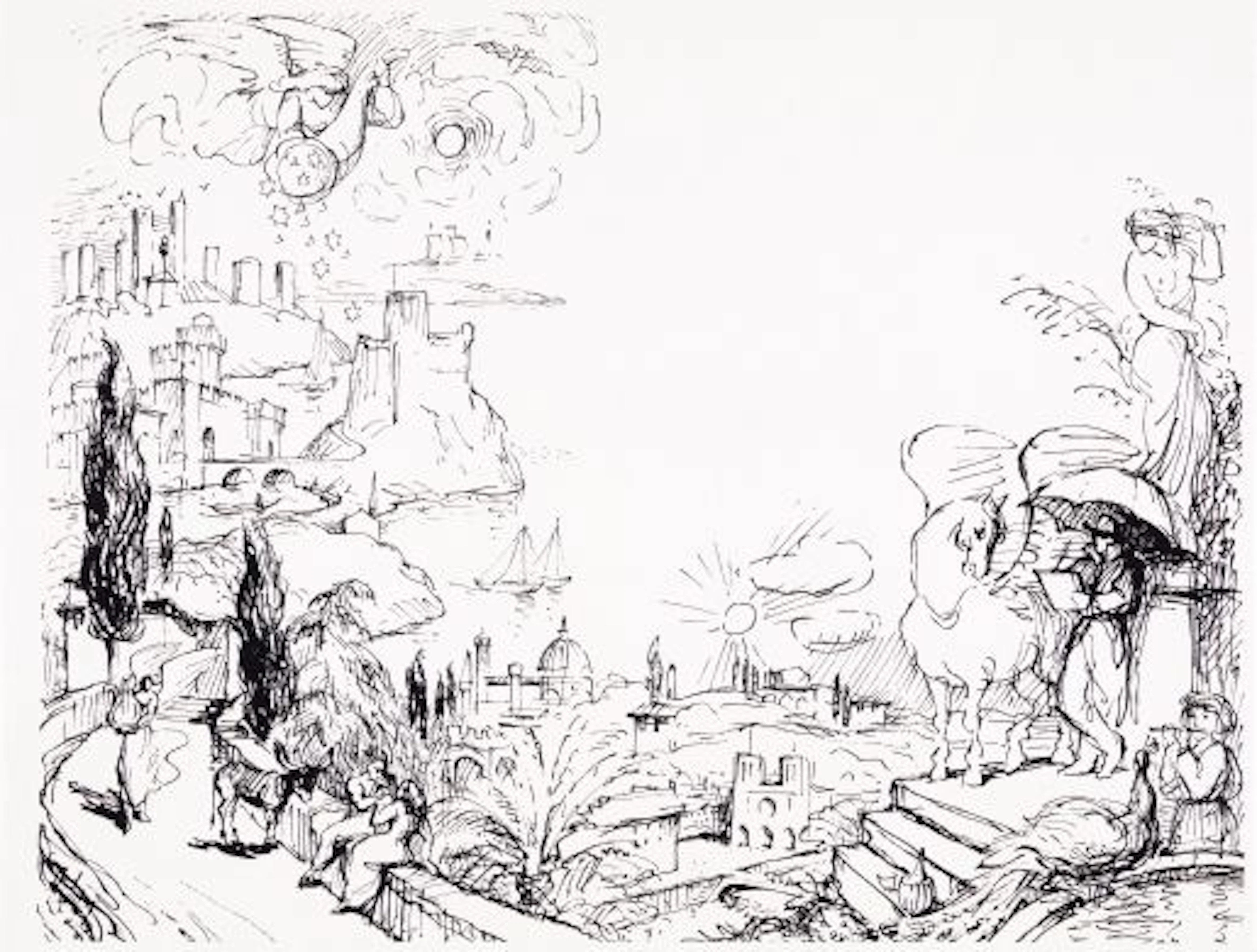 Zeichnung mit italienischer Ideallandschaft von Gunter Böhmer.