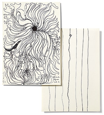 Zwei sogenannte Kritzelzeichnungen von Walter Vogt aus den 1970er-Jahren, die seinen Drogenrausch dokumentieren. 