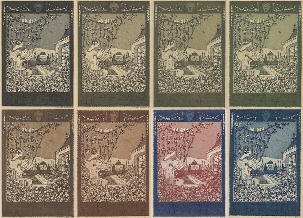 Das Ex Libris Musicis Alice Elsener in sieben verschiedenen Farbvarianten.