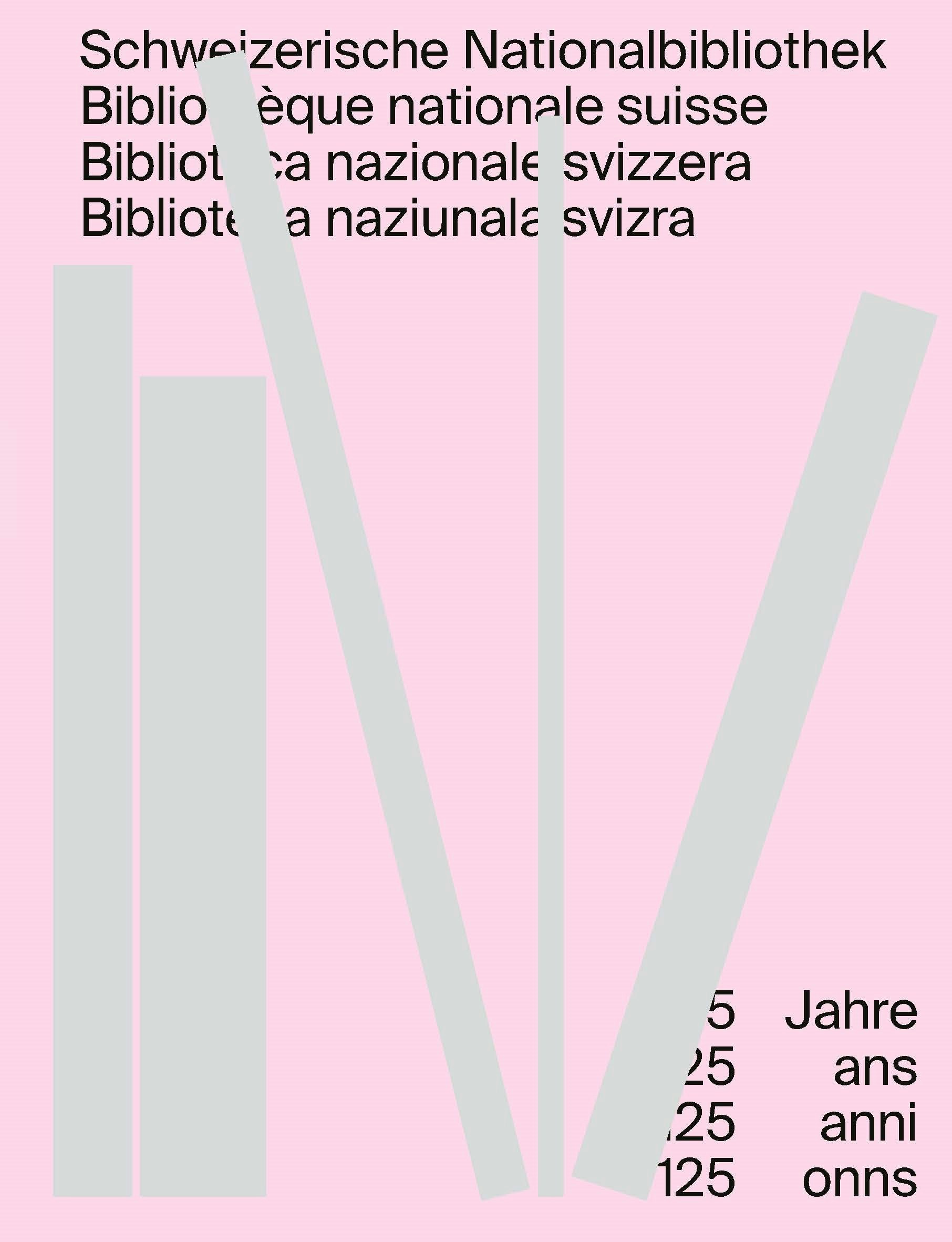 Der Buchumschlag der Jubiläumspublikation wird angezeigt mit silbernen Büchern vor rosa Hintergrund und schwarzem Text. 