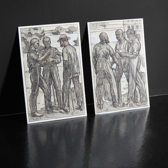 Die beiden äusseren Bildfelder für die damalige Spar- und Leihkasse Bern repräsentieren Bau- und Landarbeiter.