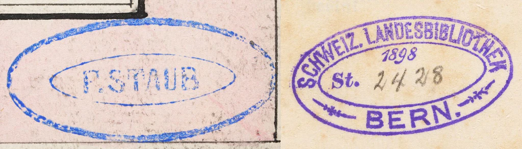 Einerseits ein Besitzstempel in blauer Farbe, 2 konzentrische blaue Ovale und zuinnerst bezeichnet «F. Staub». Damit hat Staub seine Werke gekennzeichnet. Andererseits ein ebenfalls ovaler Stempel in violett, welcher als Eingangsstempel der damaligen Landesbibliothek verwendet wurde.