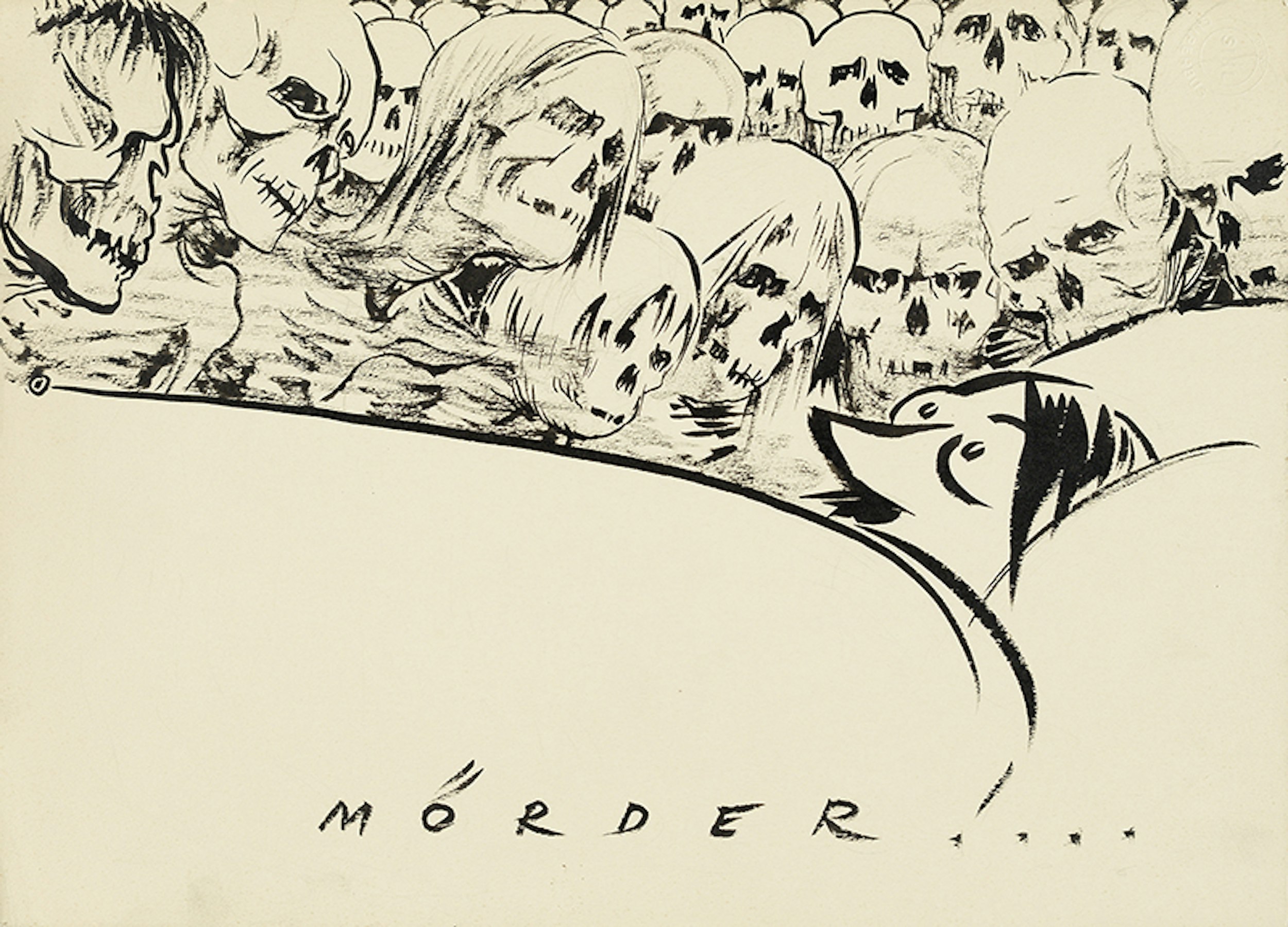 Tuschzeichnung von Adolf Hitler im Bett mit Totenköpfen im Hintergrund.