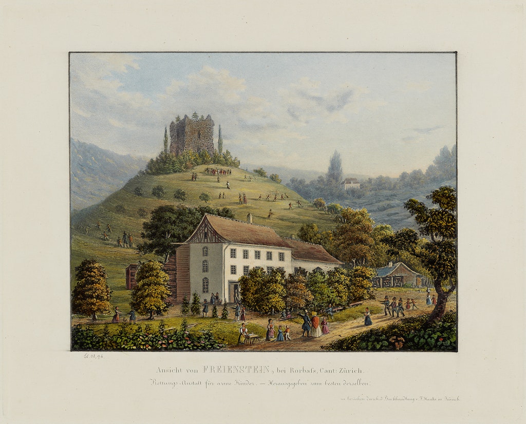 View of the Freienstein rescue institution, located in an agricultural building. Hilltop ruins of a fortress in the background, people in the foreground. Outline etching c. 1845.
