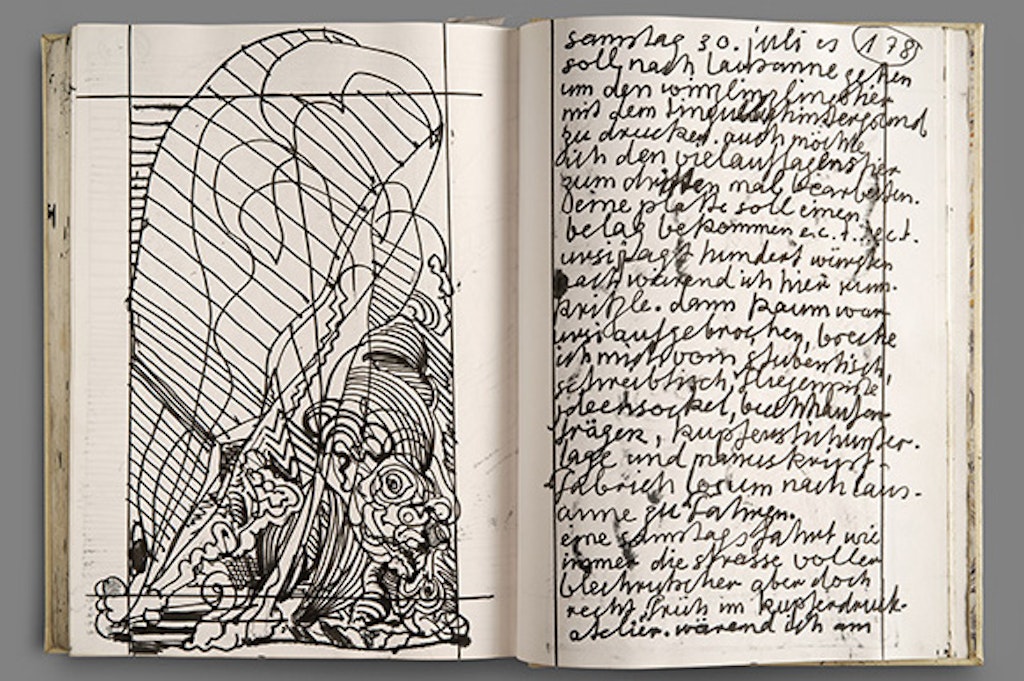 A double-page spread from the diary ‘Ein Datum ins Rote’ by Bernhard Luginbühl, 1988.