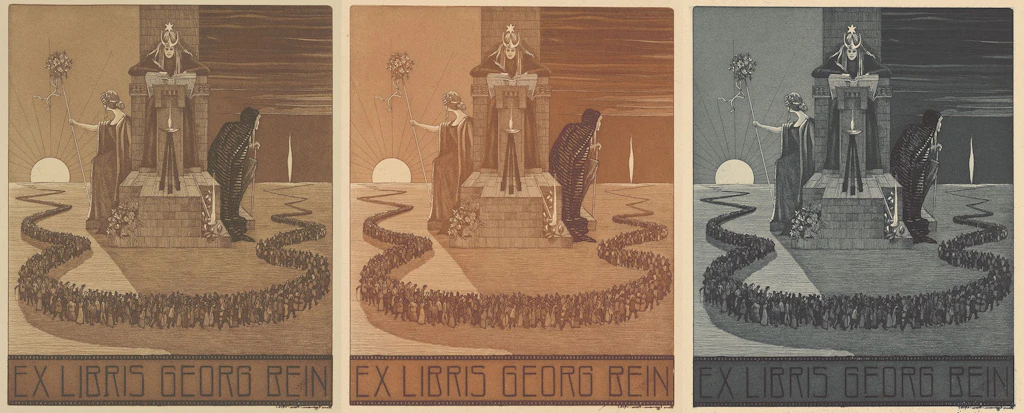 Bookplate for Georg Bein in three different colours.