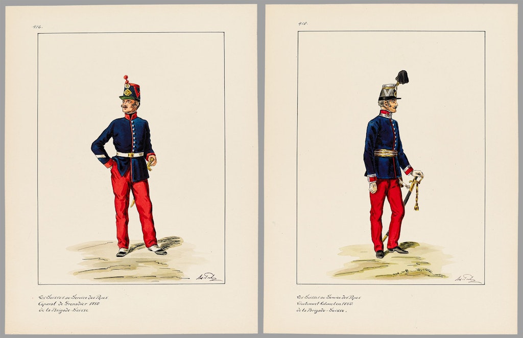 While both uniforms feature blue coats and red trousers, they differ in the details on the footwear, headgear, sleeves and collar.