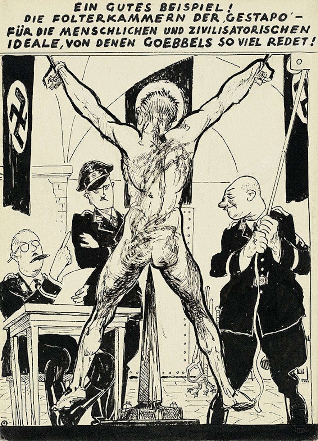 A pen-and-ink drawing of a naked man standing in front of three Gestapo officers.