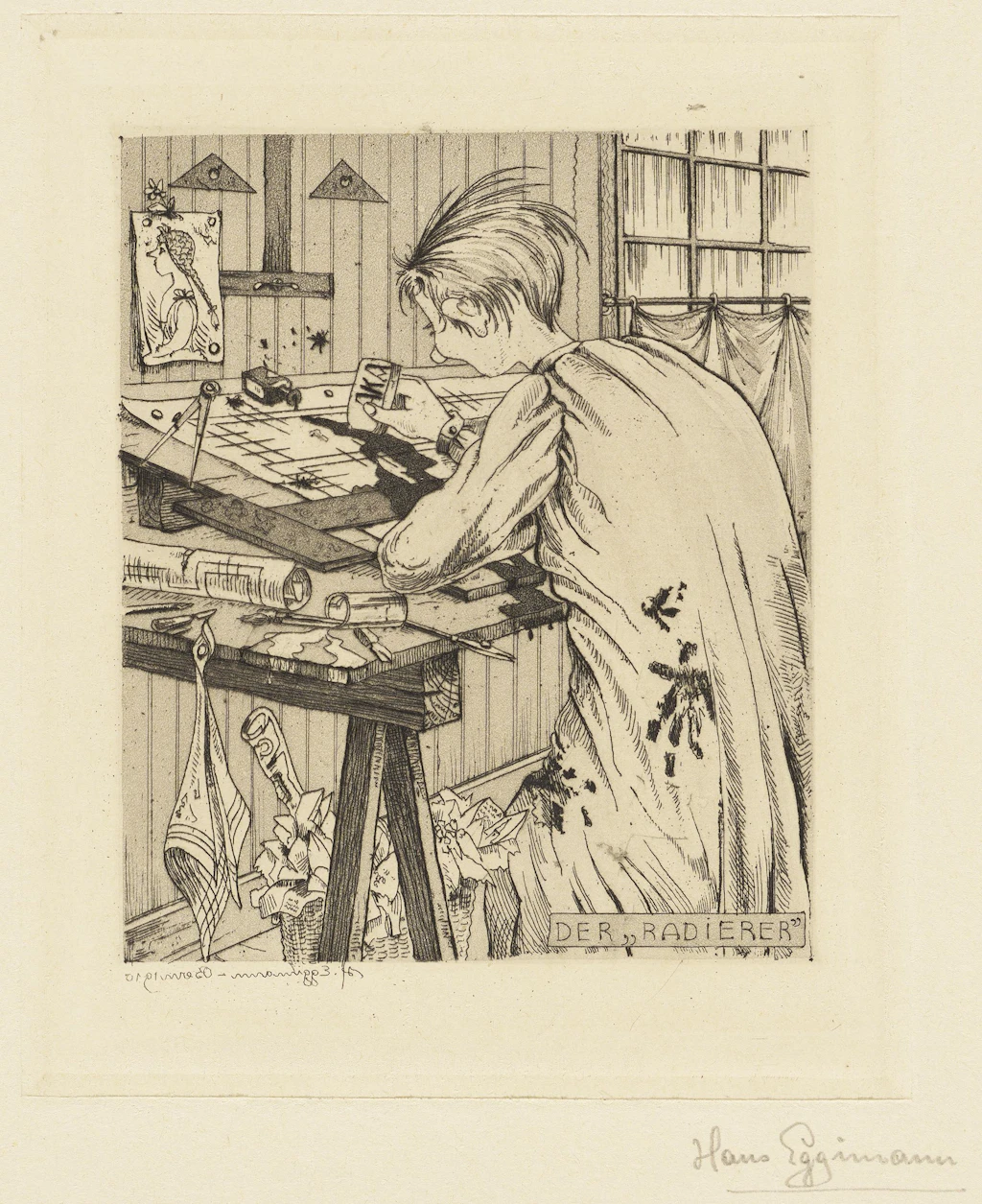 This etching by Hans Eggimann shows a young artist in a white work coat bending over a drawing on a grid, with an overflowing wastepaper basket under his desk.