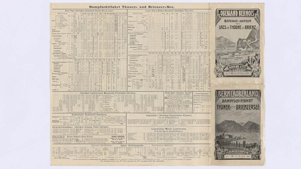 The back of this brochure contains the timetables of rail connections for the steamships, including the Lake Lucerne boat schedules