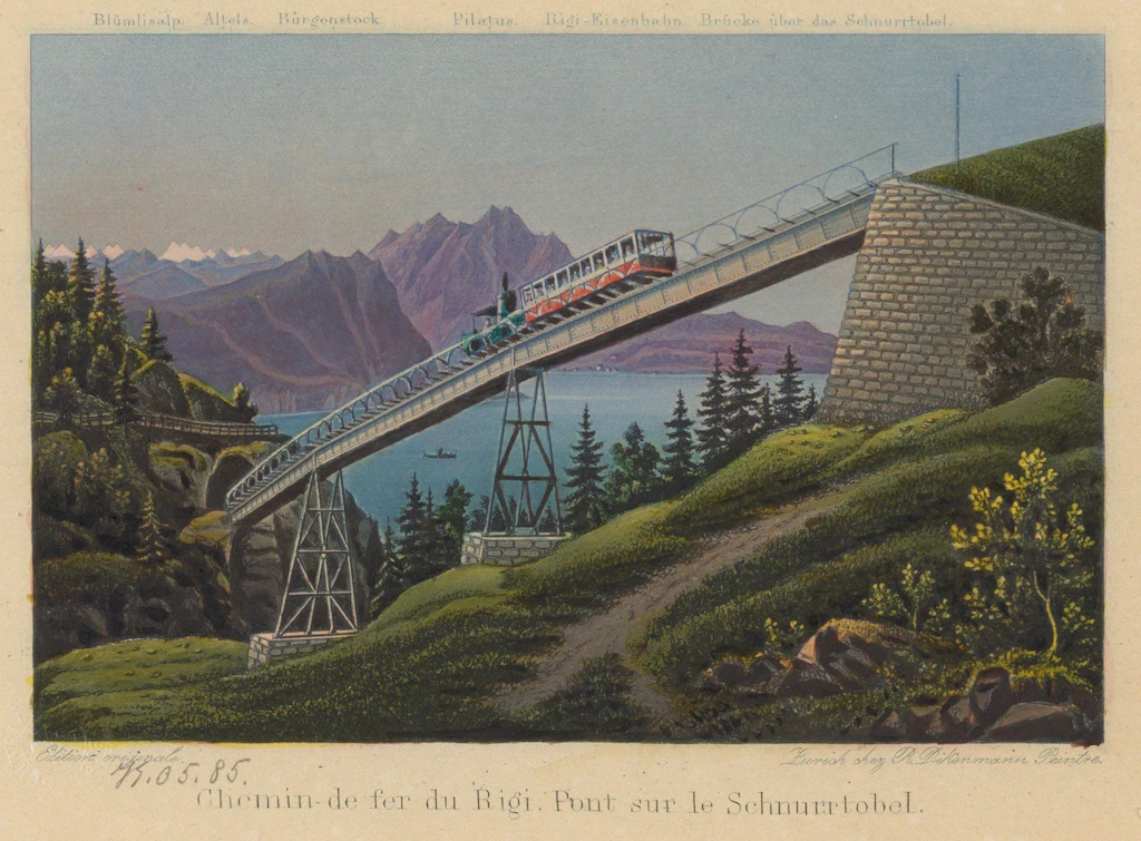 Aquatinta by Johann Rudolf Dikenmann, Zurich, c. 1875, featuring the Rigi railway on the Schnurtobelbrücke bridge, with Lake Lucerne and the surrounding mountains in the background.