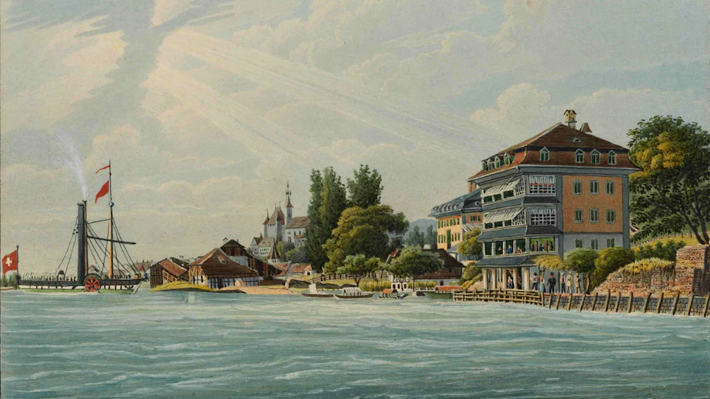 This aquatint print depicts the Bellevue, the Bernese Oberland’s first paddle steamer, approaching a hotel of the same name in Thun. Thun Castle stands in the background.