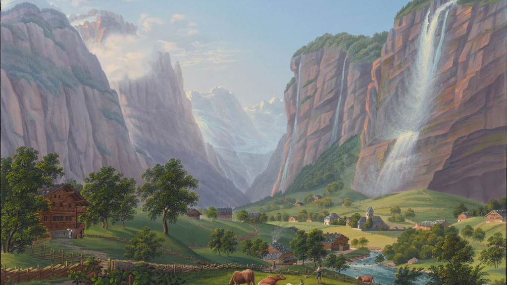 This painting depicts the Lauterbrunnen Valley in verdant green, framed by steep rock faces. Several waterfalls cascade down from the right; in the foreground you can see the Staubbach waterfall flowing. At its base there is a small village surrounded by meadows, fruit trees and forests.