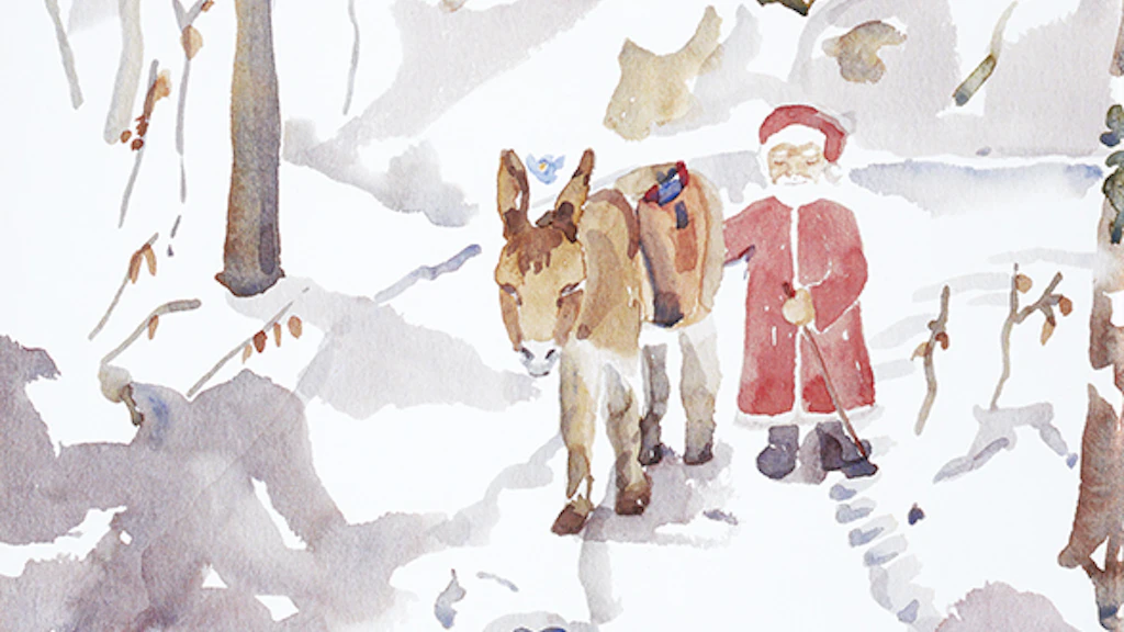 Illustration from the book "Jack sur le chemin de Noël" in which we see Father Christmas walking with his donkey in a snowy forest.