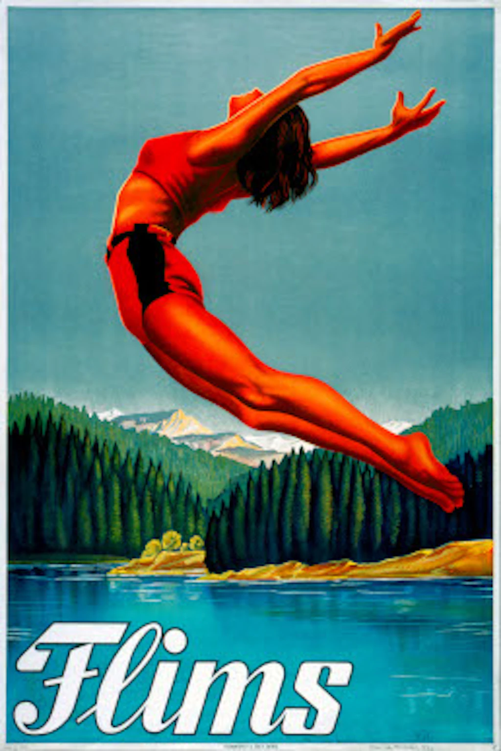 his tourism poster shows a white woman with brown hair in a red swimsuit jumping into a lake. There are forests and mountains in the background. In the bottom left corner is the place name "Flims".