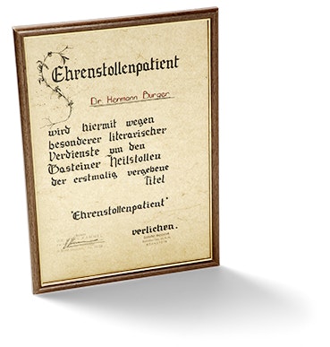 Die gerahmte Urkunde für Hermann Burger mit dem Titel des «Ehrenstollenpatienten».