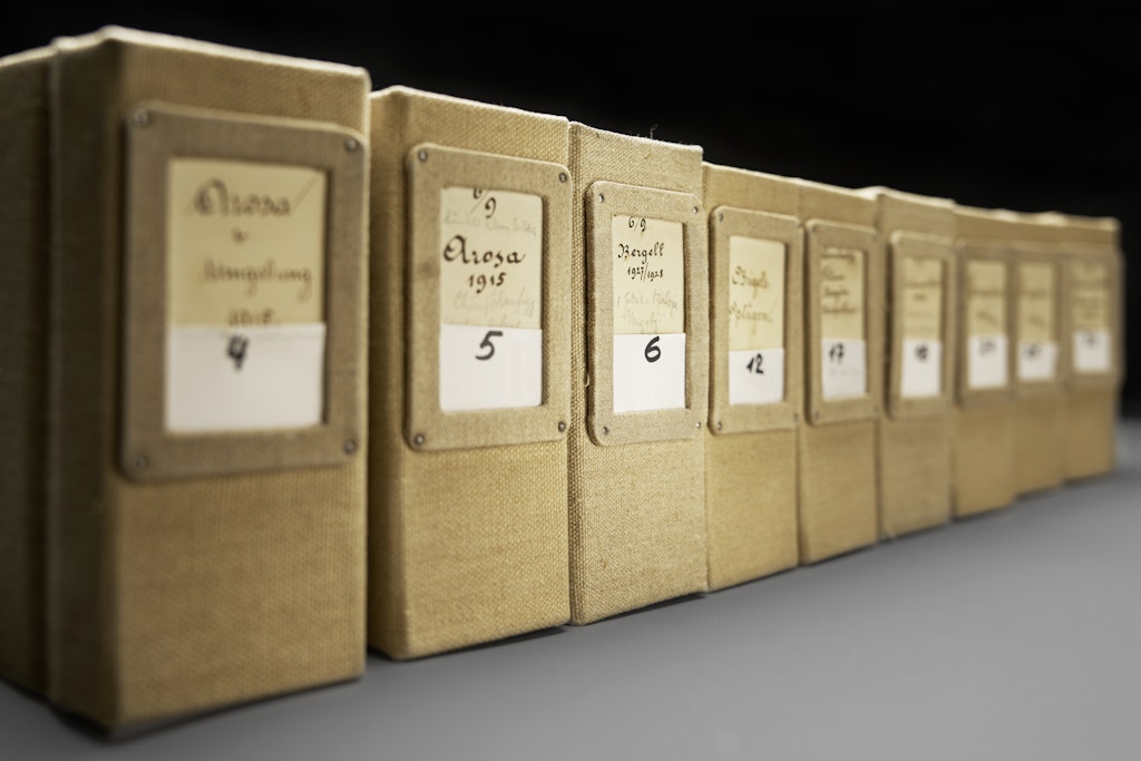 Photograph showing the spines of several of Rudolf Zinggeler's linen-bound photo albums, standing on a shelf.