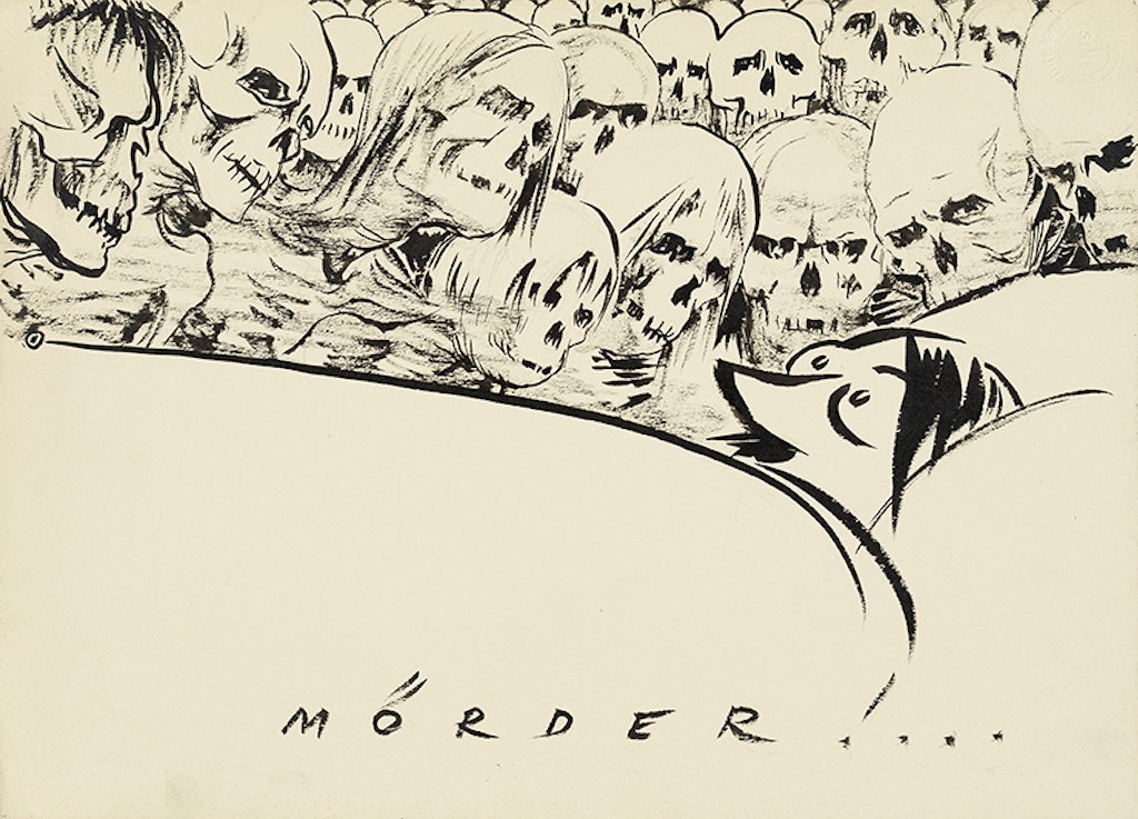 Pen-and-ink drawing of Adolf Hitler in bed with skulls in the background.