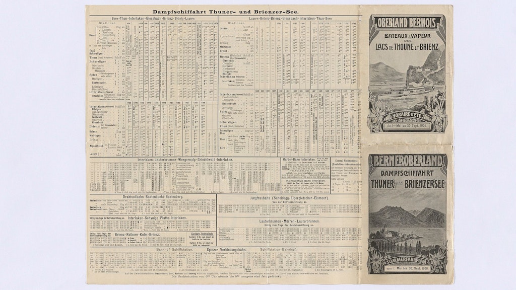 Au verso du prospectus figurent les horaires des lignes de chemin de fer en correspondance avec les bateaux (et même ceux des bateaux circulant sur le lac des Quatre-Cantons)