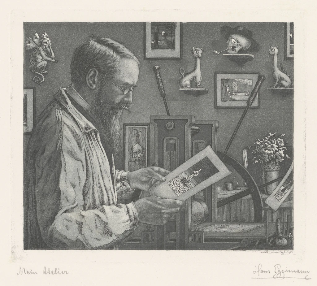 Sur cette gravure, Hans Eggimann se représente dans son atelier, entouré de divers objets. Quelques-unes de ses œuvres sont accrochées au mur.
