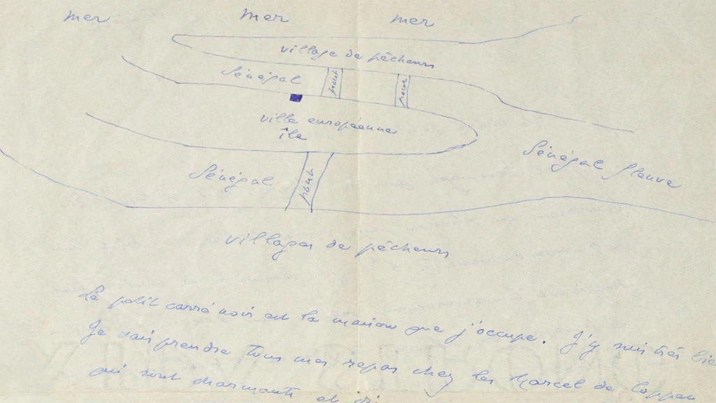 Plan de la ville de Saint-Louis au Sénégal, dessiné à la main par André Gide, dans une lettre adressée à sa fille Catherine, datée du 23 février 1936.