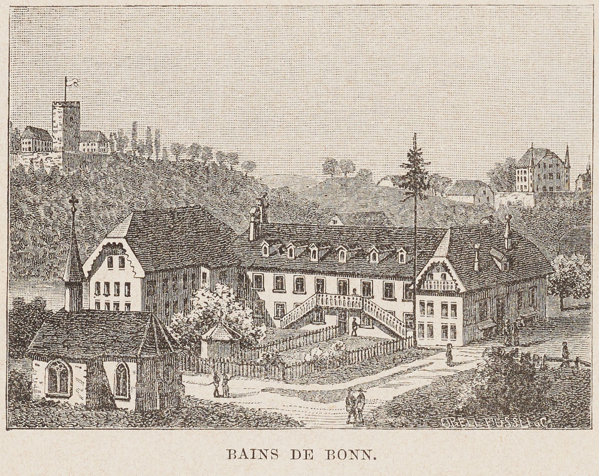 Illustration annonçant la réouverture de la station thermale de Bad Bonn. La gravure représente l’ensemble du complexe ainsi que la chapelle et, à l’arrière-plan, sur la falaise bordant la Sarine, le château de Petit-Vivy.