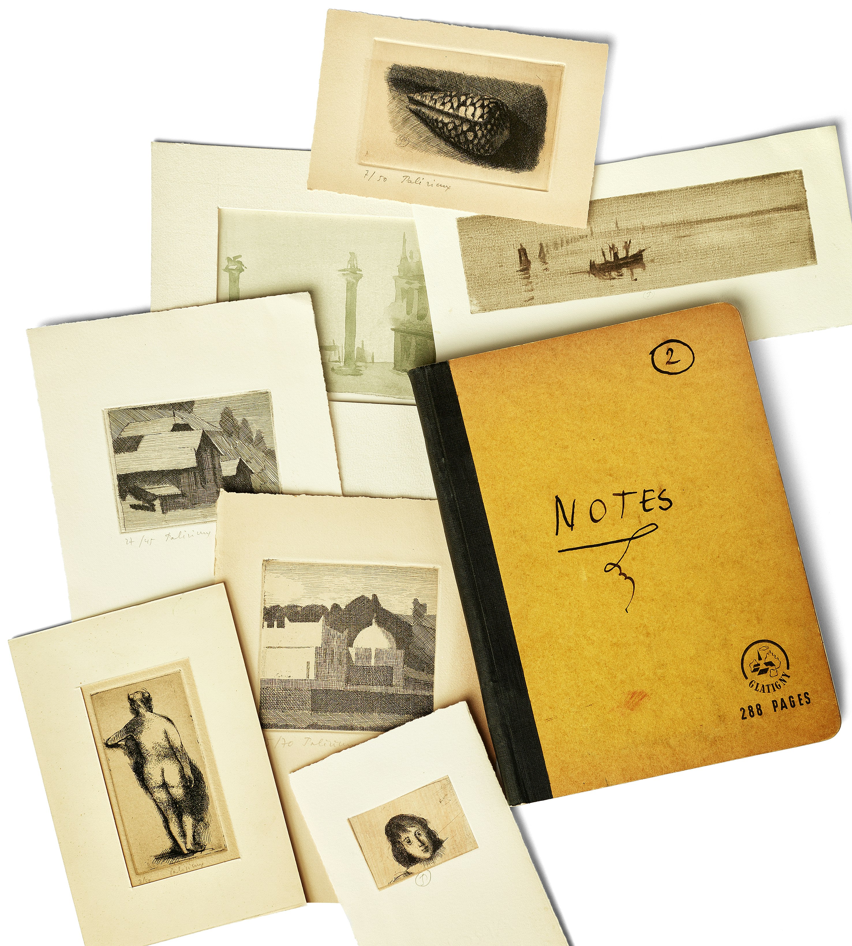 Cahier de notes de Georges Borgeaud comprenant quelques-unes des gravures de Gérard de Palézieux. © NB, Simon Schmid. Et Fondation William Cuendet & Atelier de Saint-Prex.