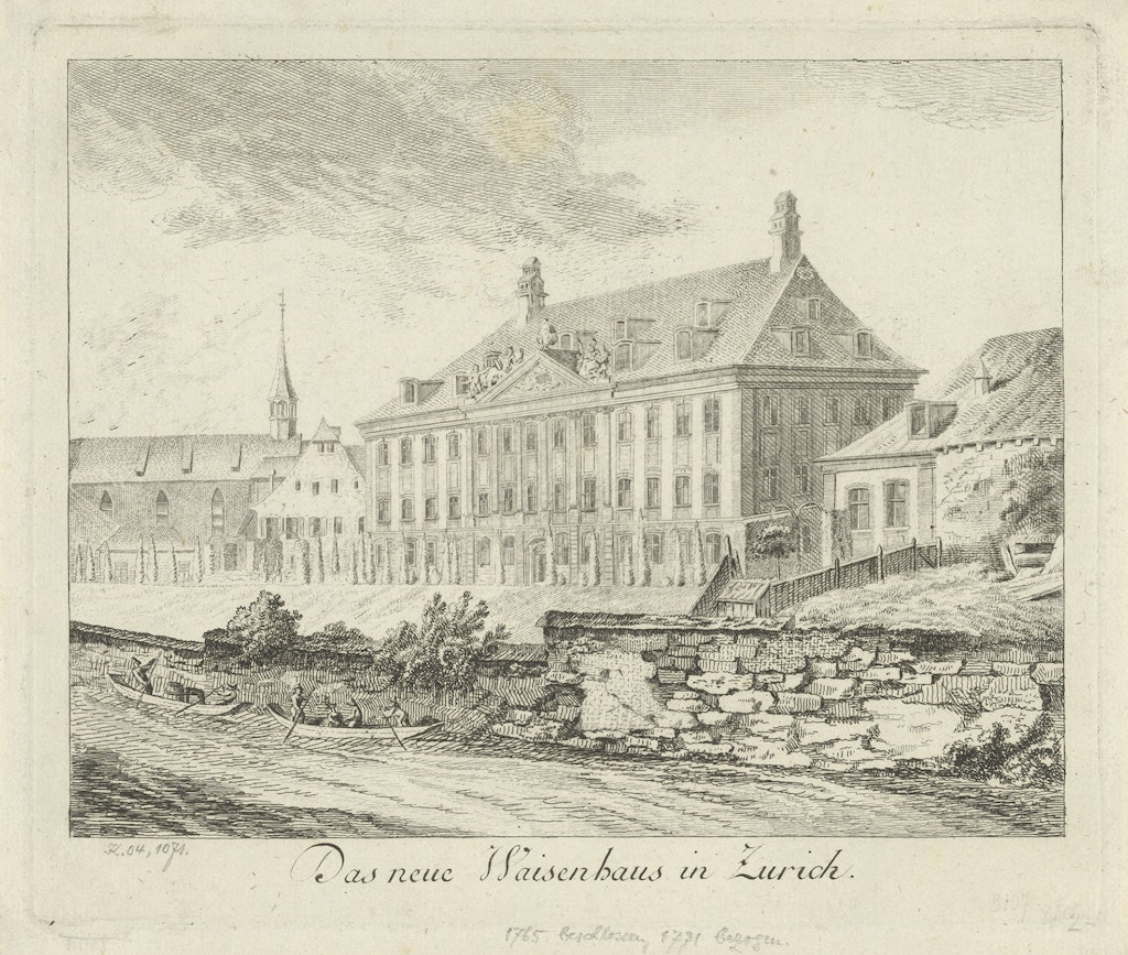 Gravure représentant l’orphelinat de Zurich, occupé en 1771, avec la Limmat au premier plan et le couvent d’Oetenbach.