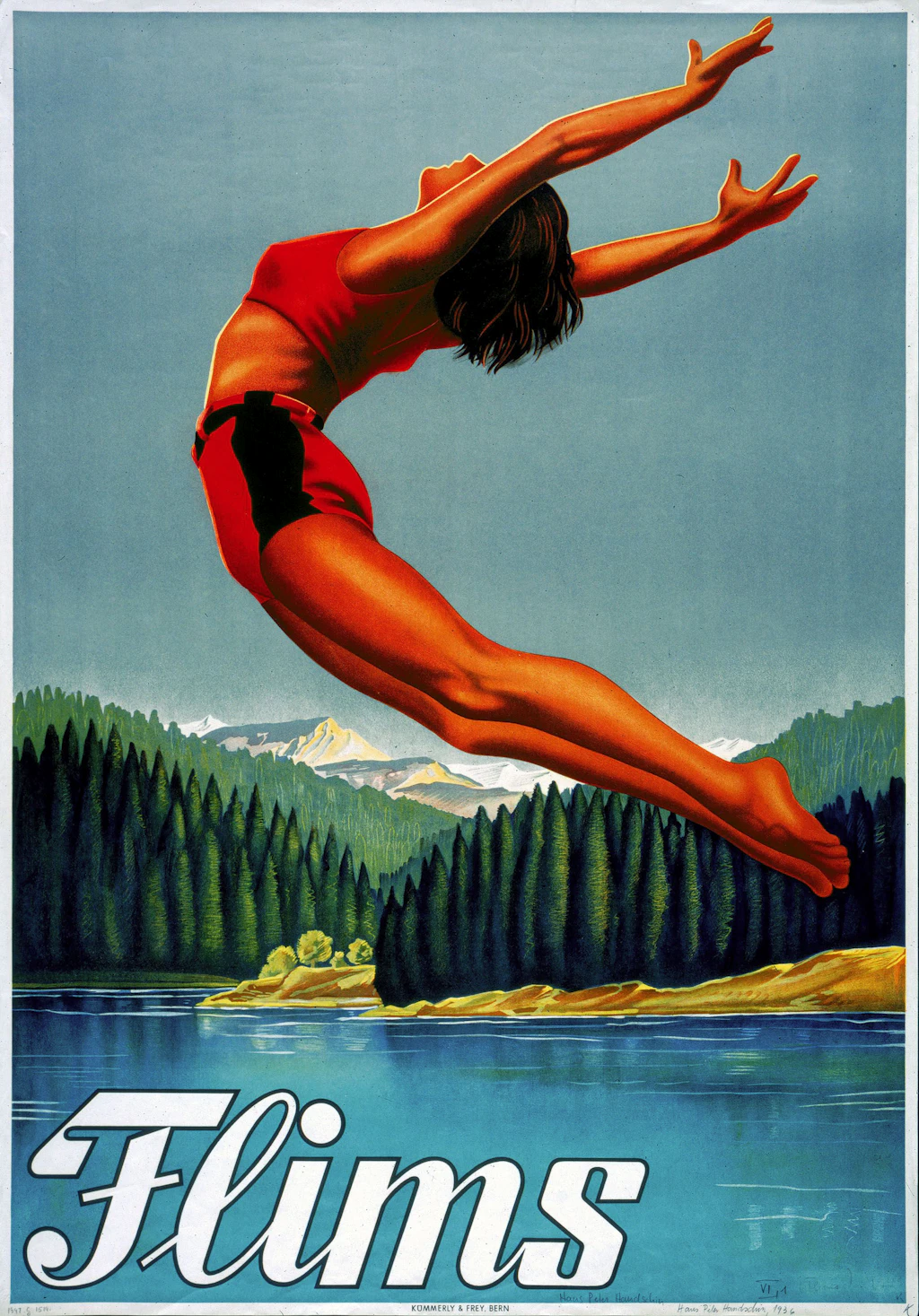 Sur l’affiche touristique, une femme à la peau claire et aux cheveux bruns, vêtue d’un maillot de bain rouge, plonge dans un lac. En arrière-plan, on voit une forêt et des montagnes. En bas à gauche est inscrit le nom du village de Flims.