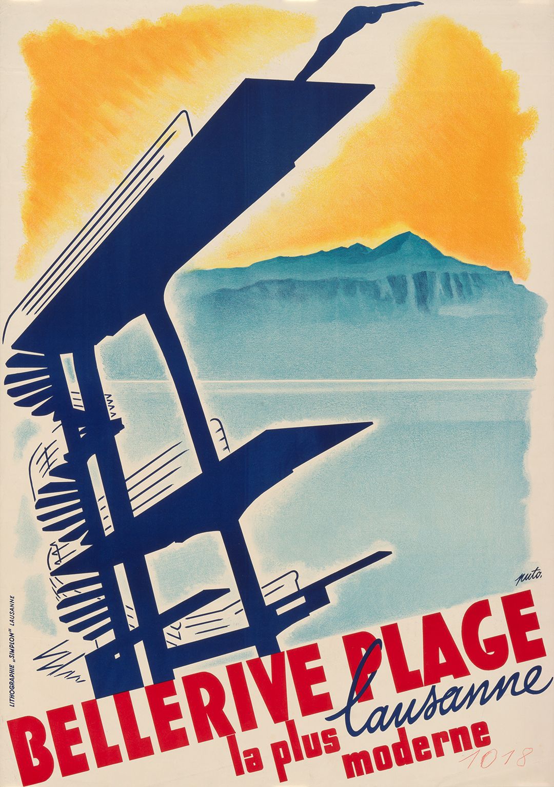 Sur cette affiche au format portrait, réalisée vers 1940, le plongeoir de Bellerive-Plage, à Lausanne, domine la composition, avec en arrière-plan le lac Léman et les montagnes environnantes. Depuis la plus haute plateforme de ce plongeoir de 10 mètres, une silhouette stylisée s’apprête à plonger tête la première dans le bassin. Celui-ci n’est pas visible sur l’image, qui est représentée en contre-plongée depuis le socle du plongeoir.