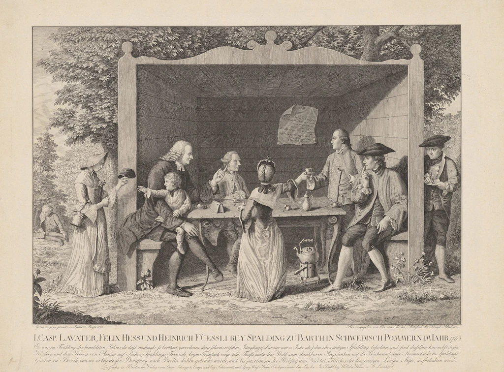 Un groupe de femmes, d’hommes et d’enfants prend le thé dans un pavillon de jardin (scène telle qu’elle se serait déroulée en 1763).