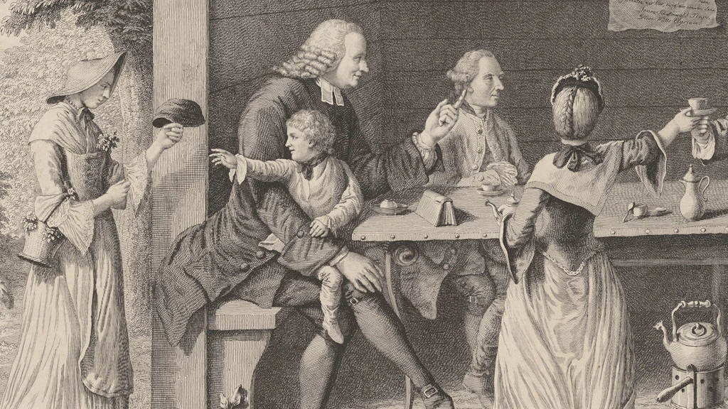 Un groupe de femmes, d’hommes et d’enfants prend le thé dans un pavillon de jardin (scène telle qu’elle se serait déroulée en 1763).