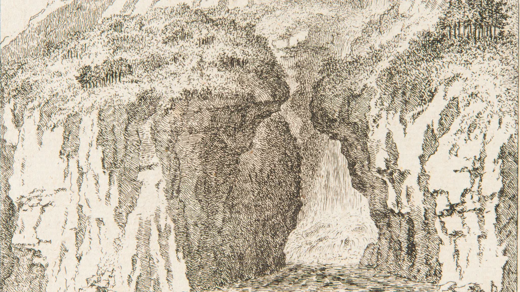 Cette gravure en noir et blanc représente, vue depuis le lac, la rive rocheuse abrupte du lac de Walenstadt. Le Seerenbach se précipite en chute libre depuis la partie supérieure de la gravure, avant de se déverser dans le lac par une gorge. Sur les sommets rocheux qui l’encadrent, seuls quelques arbres parviennent à s’accrocher.