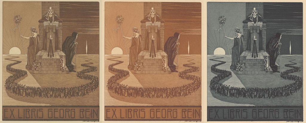 L’ex libris per Georg Bein in diverse varianti di colore.