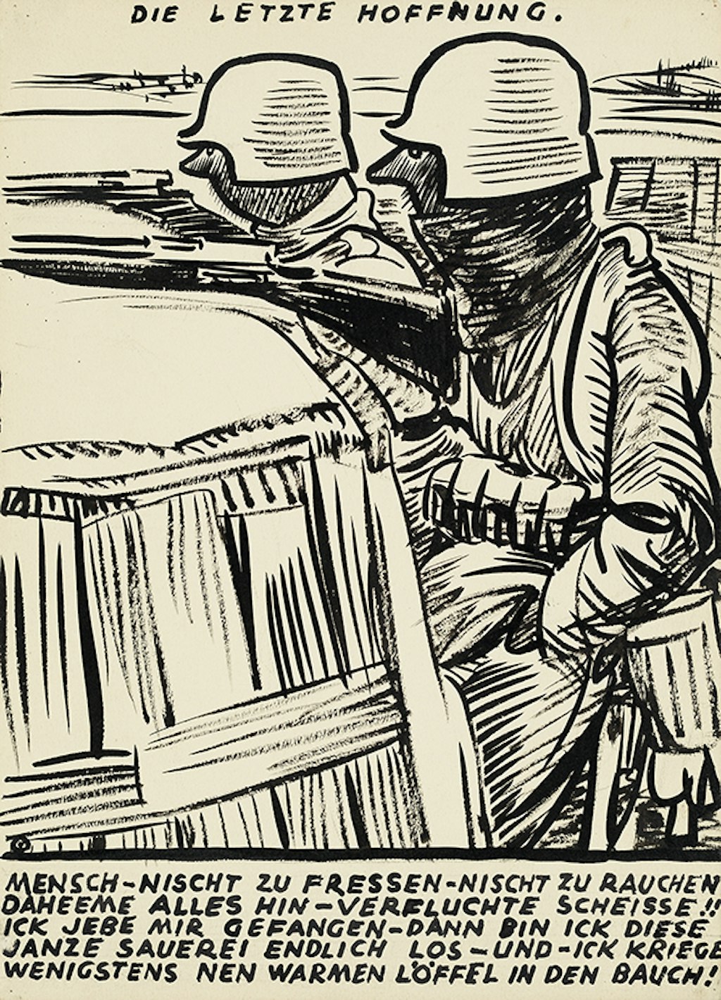 Disegno a china che ritrae due soldati sul campo di battaglia.