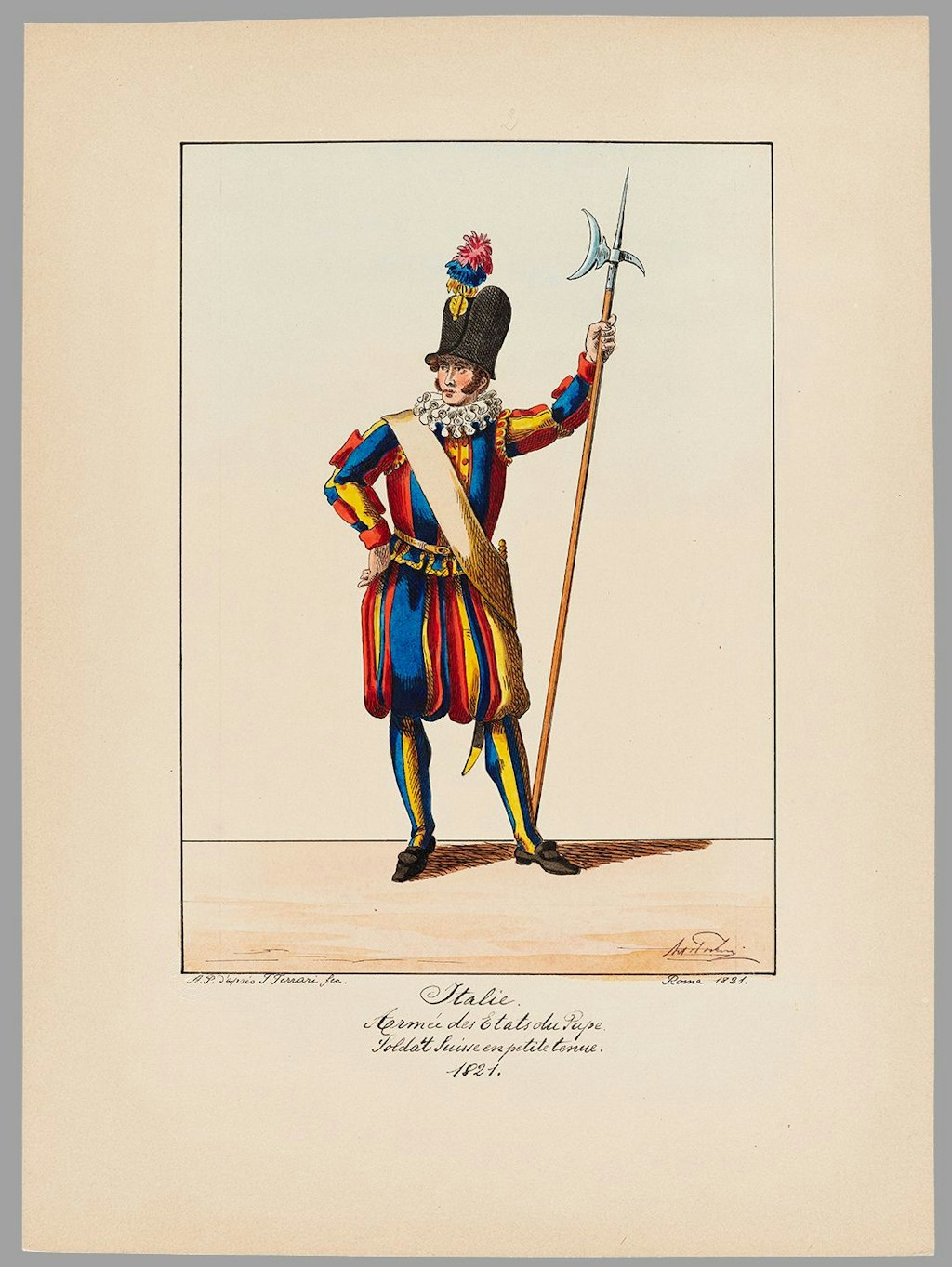 Raffigurazione di un soldato della Guardia Svizzera Pontificia in uniforme ordinaria con gorgiera bianca, maniche e pantaloni a sbuffo.