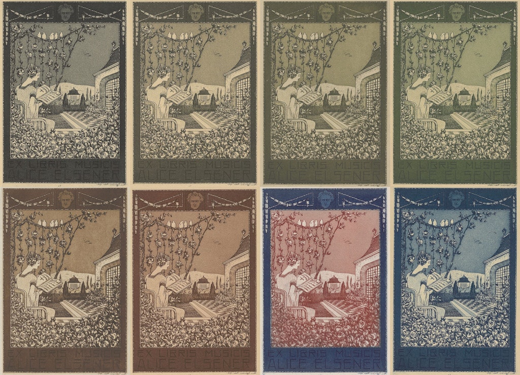 L’ex libris musicis per Alice Elsener in sette diverse varianti di colore.